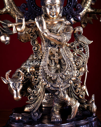 Dual Tone Brass Krishna with Cow Under Large Tree | 22 Inch Statue - Budhshiv.com