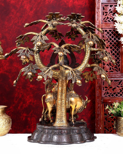 Dual Tone Brass Krishna with Cow Under Large Tree | 22 Inch Statue - Budhshiv.com