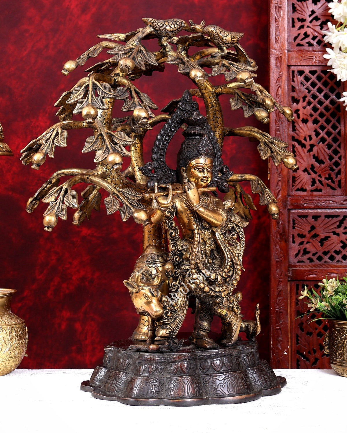 Dual Tone Brass Krishna with Cow Under Large Tree | 22 Inch Statue - Budhshiv.com
