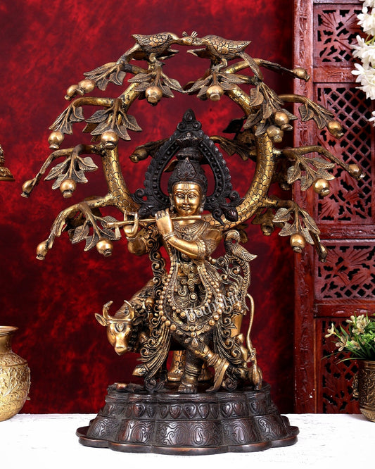 Dual Tone Brass Krishna with Cow Under Large Tree | 22 Inch Statue - Budhshiv.com