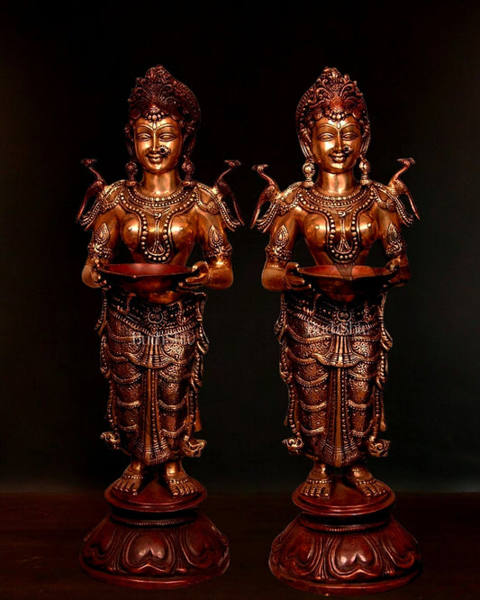 Dual - Tone Handcrafted Pavaai Villaku Deep Lady Statues - 30.5 Inch Fine Brass (Pair) - Budhshiv.com