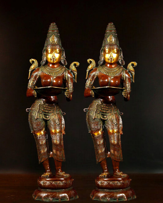 Dual - Tone Handcrafted Pavaai Villaku Deep Lady Statues - 45 Inch Fine Brass (Pair) - Budhshiv.com