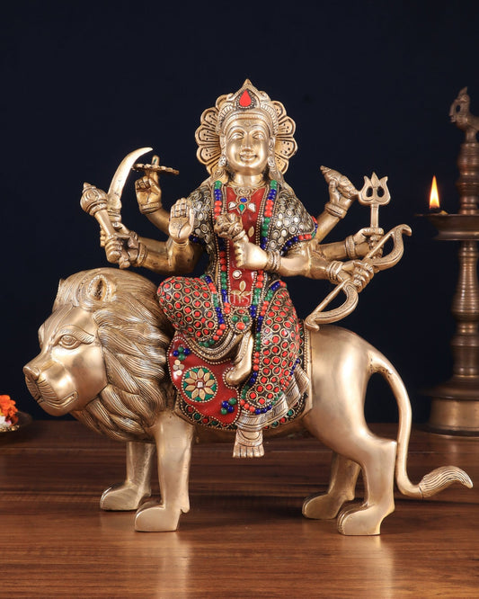 Elegant Brass Durga Mata sherawali ma Statue 12 Inch | durga ma with stonework - Budhshiv.com