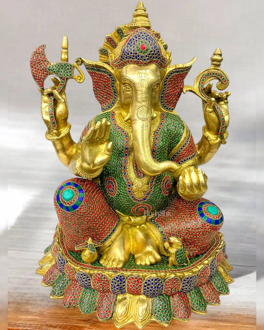 Elegant Brass Ganapati on Lotus Base with Stonework - 22" Height - Budhshiv.com