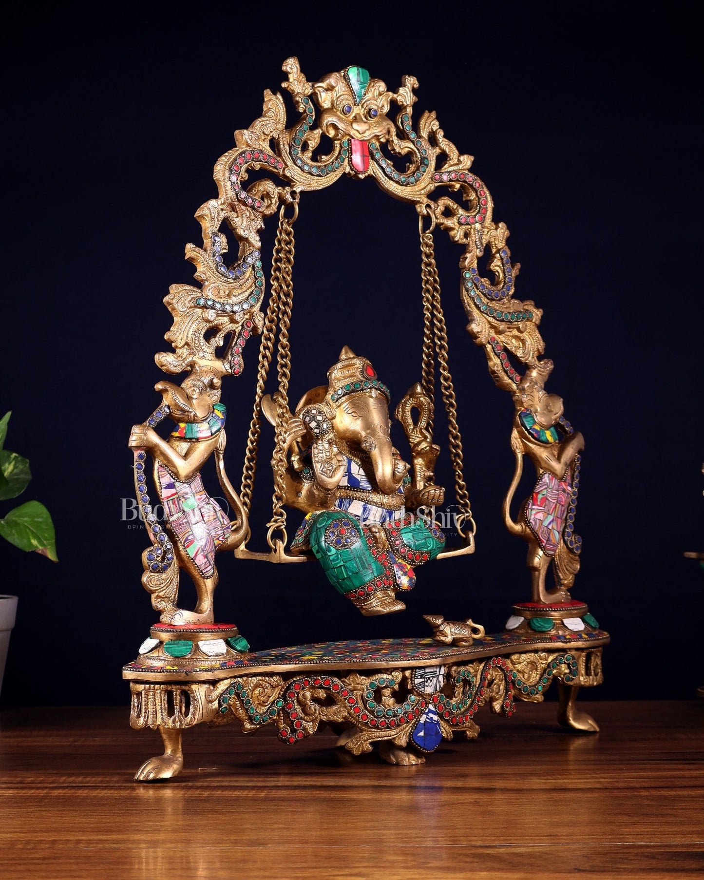 Elegant Brass Lord Ganesha Swing with Multicolor Stonework - 18 Inches - Budhshiv.com