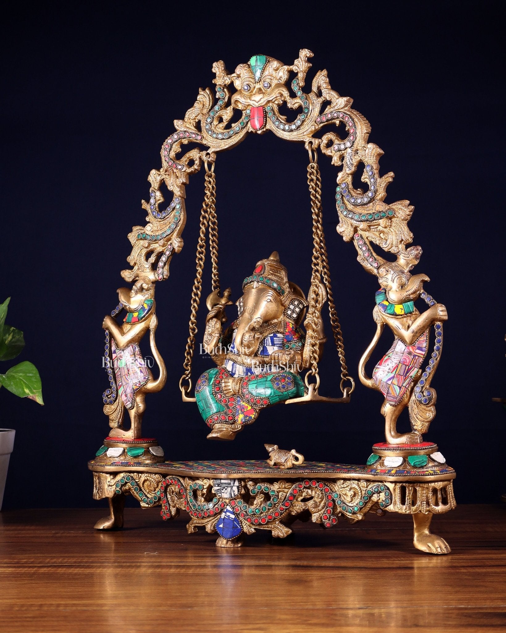 Elegant Brass Lord Ganesha Swing with Multicolor Stonework - 18 Inches - Budhshiv.com