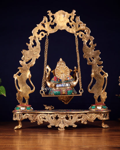 Elegant Brass Lord Ganesha Swing with Multicolor Stonework - 18 Inches - Budhshiv.com