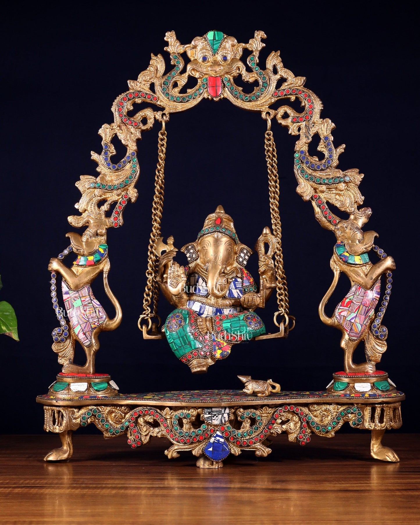 Elegant Brass Lord Ganesha Swing with Multicolor Stonework - 18 Inches - Budhshiv.com