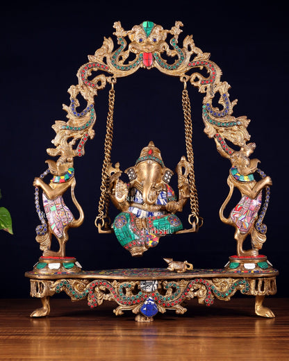 Elegant Brass Lord Ganesha Swing with Multicolor Stonework - 18 Inches - Budhshiv.com