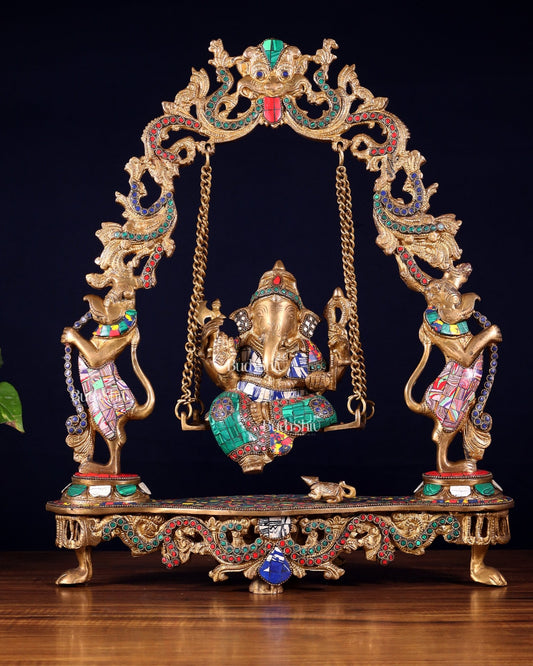 Elegant Brass Lord Ganesha Swing with Multicolor Stonework - 18 Inches - Budhshiv.com