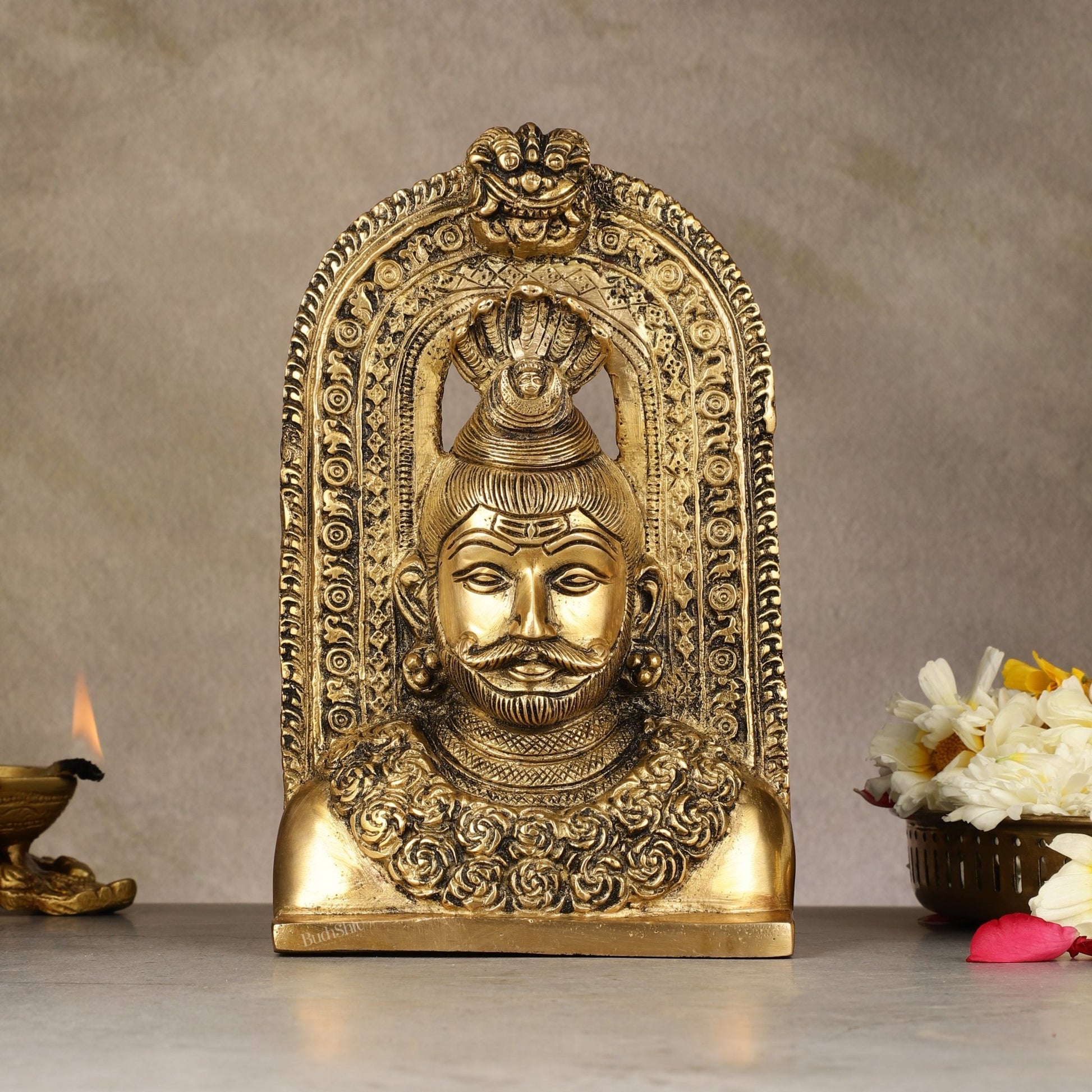 Elegant Brass Lord Shiva Face with Kirtimukha and Frame Table Accent - 8" - Budhshiv.com