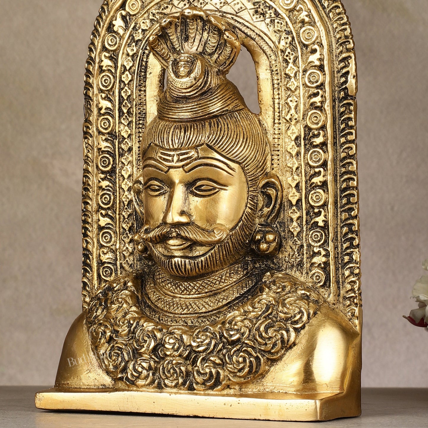 Elegant Brass Lord Shiva Face with Kirtimukha and Frame Table Accent - 8" - Budhshiv.com
