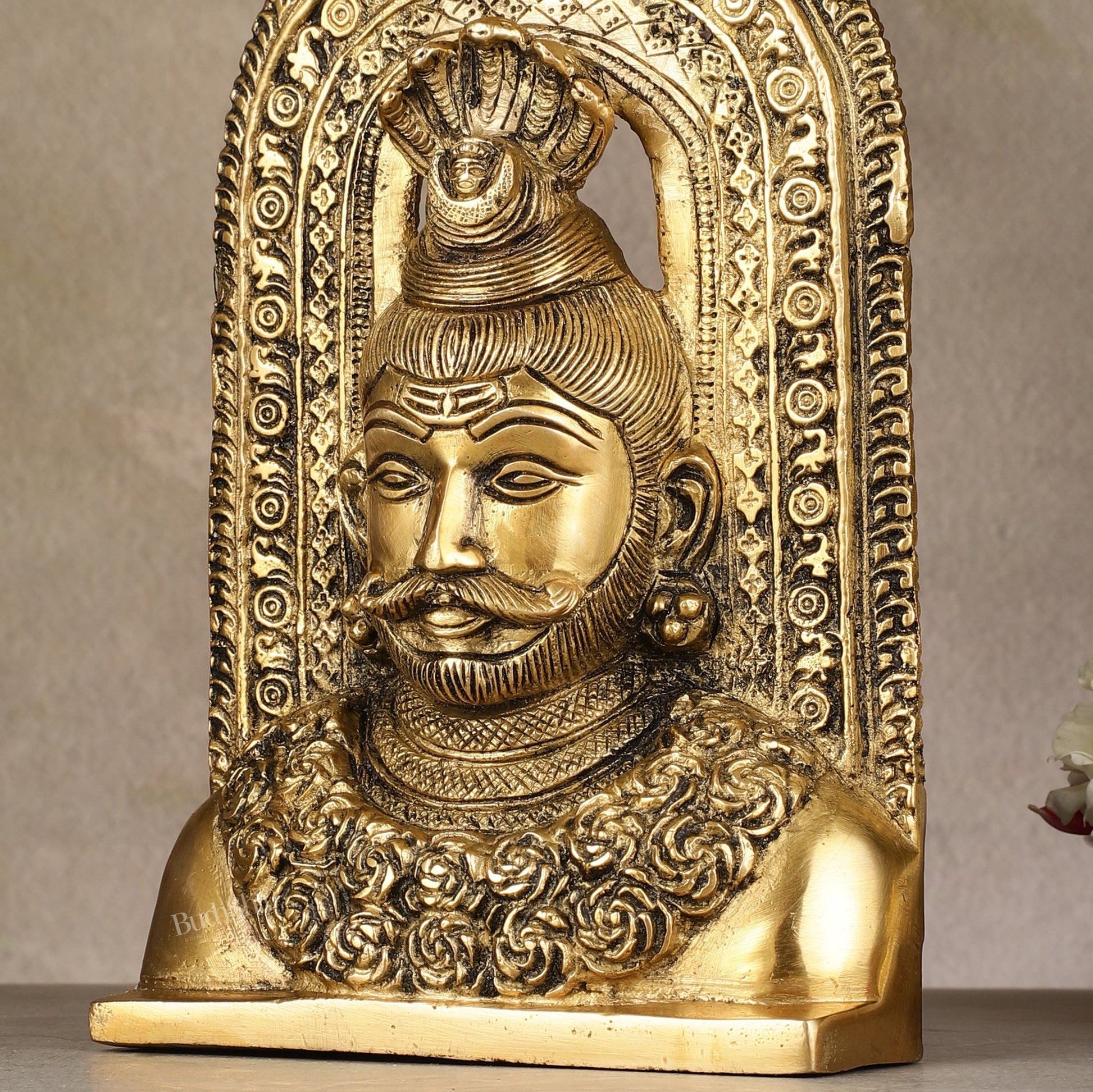 Elegant Brass Lord Shiva Face with Kirtimukha and Frame Table Accent - 8" - Budhshiv.com