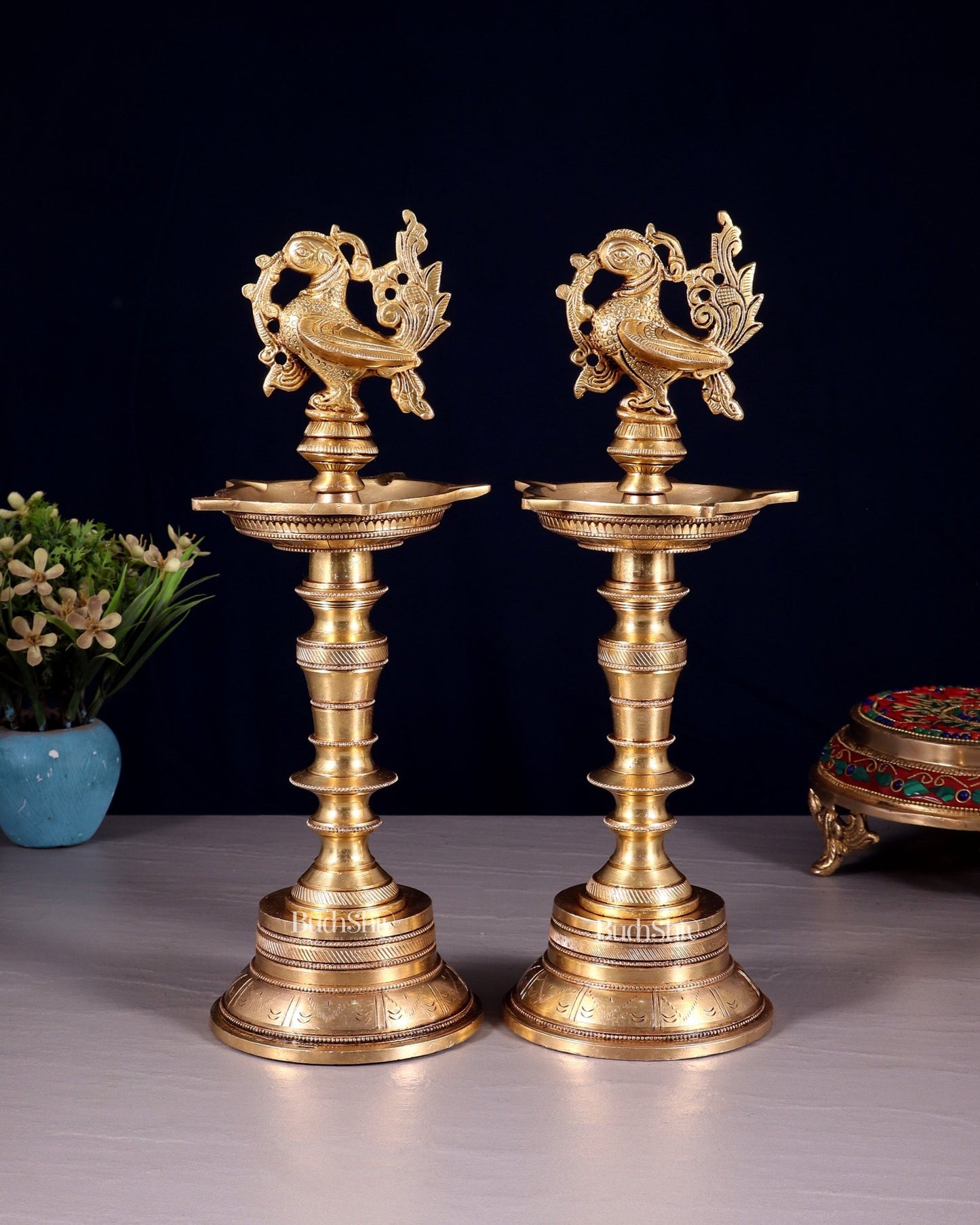 Elegant Brass Peacock Oil Lamps (Set of 2) 12 inch - Budhshiv.com