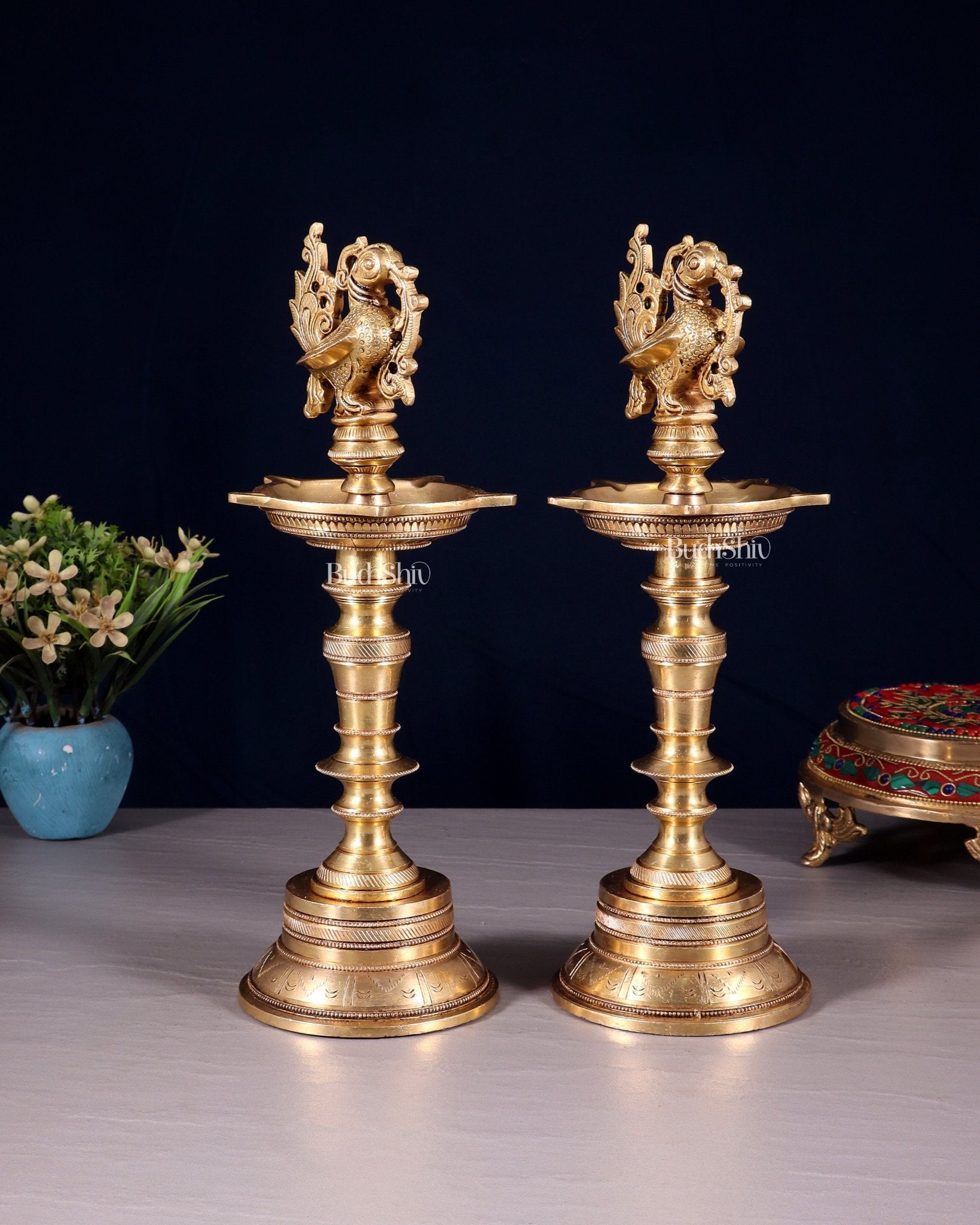 Elegant Brass Peacock Oil Lamps (Set of 2) 12 inch - Budhshiv.com