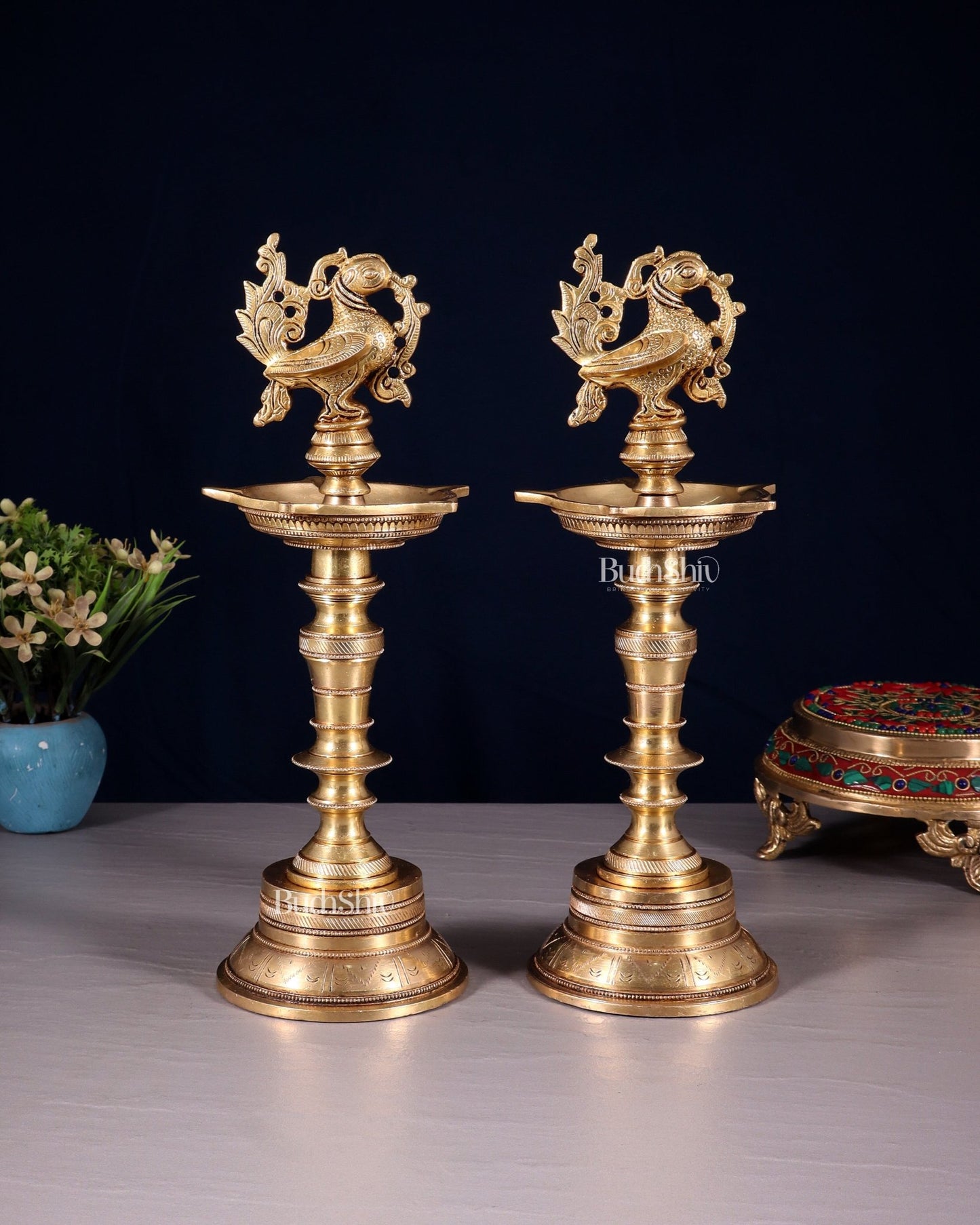 Elegant Brass Peacock Oil Lamps (Set of 2) 12 inch - Budhshiv.com