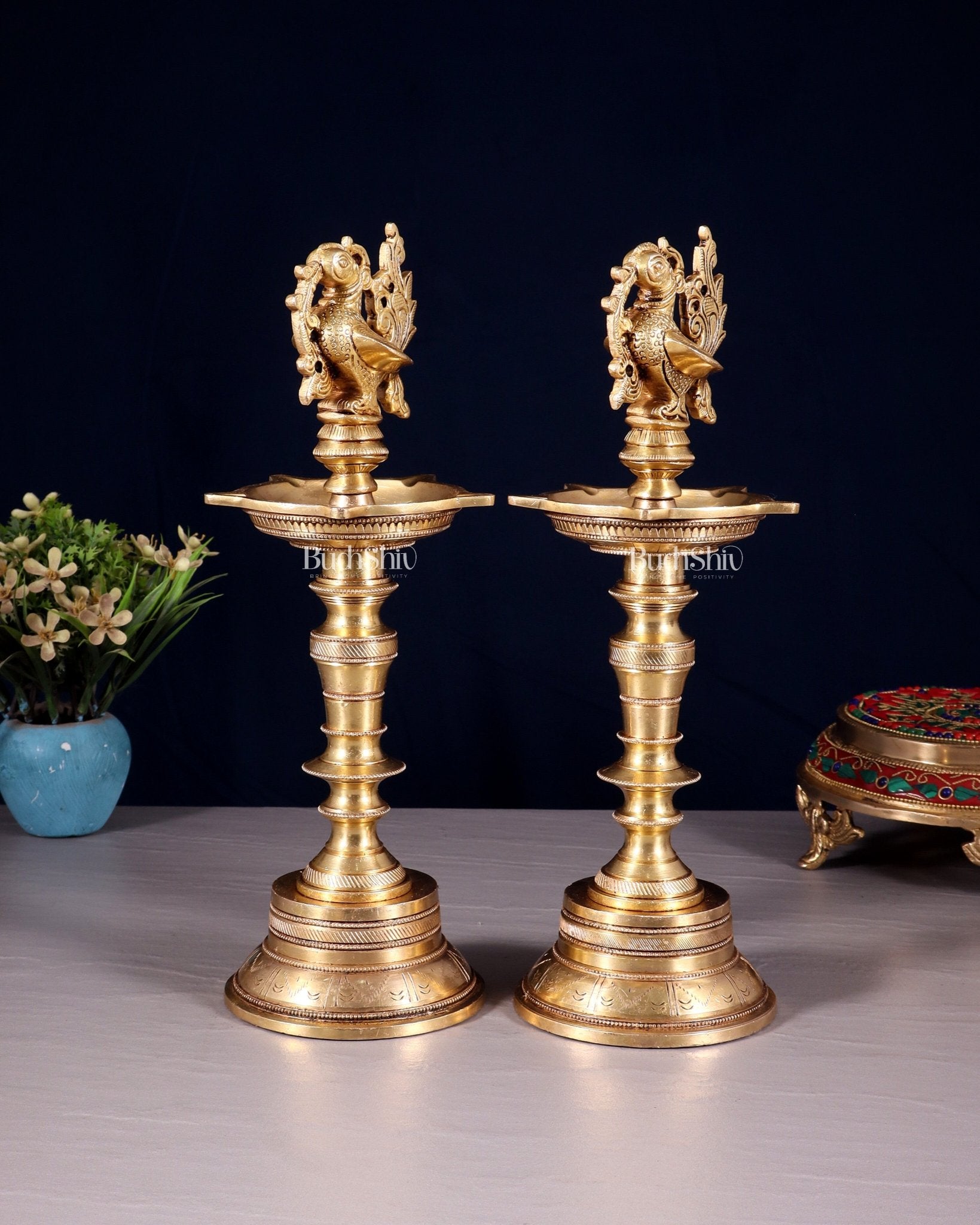Elegant Brass Peacock Oil Lamps (Set of 2) 12 inch - Budhshiv.com