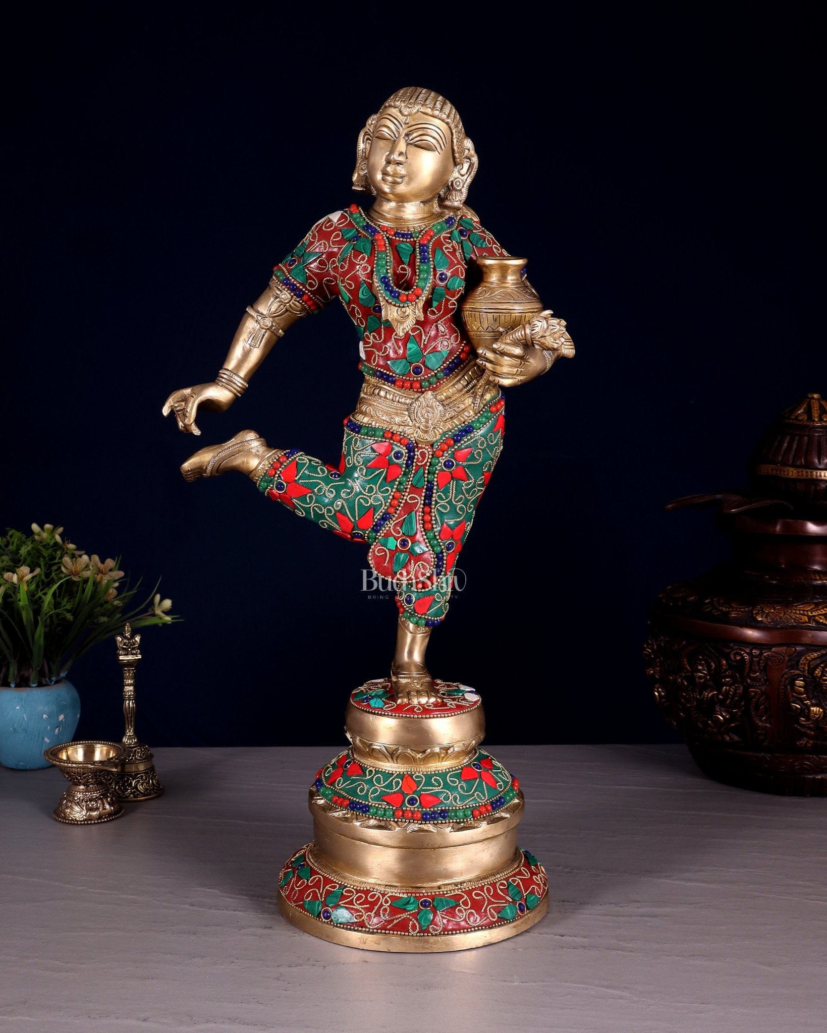 Elegant Brass Pot Lady Sculpture - 16.5" floral stonework - Budhshiv.com