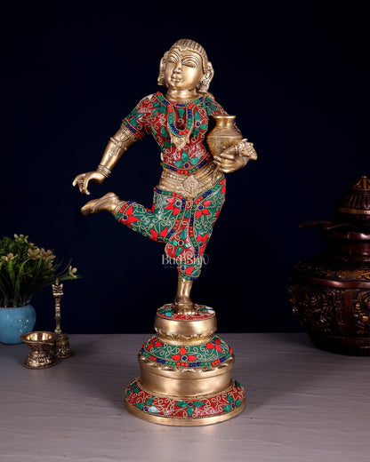 Elegant Brass Pot Lady Sculpture - 16.5" floral stonework - Budhshiv.com