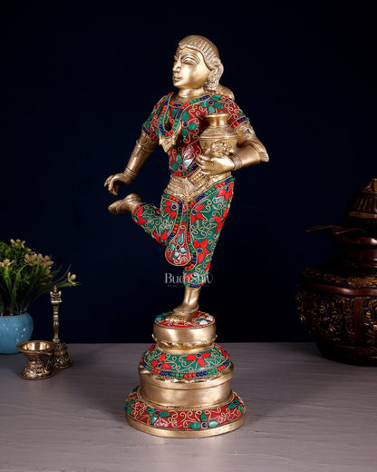 Elegant Brass Pot Lady Sculpture - 16.5" floral stonework - Budhshiv.com