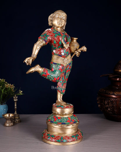 Elegant Brass Pot Lady Sculpture - 16.5" floral stonework - Budhshiv.com