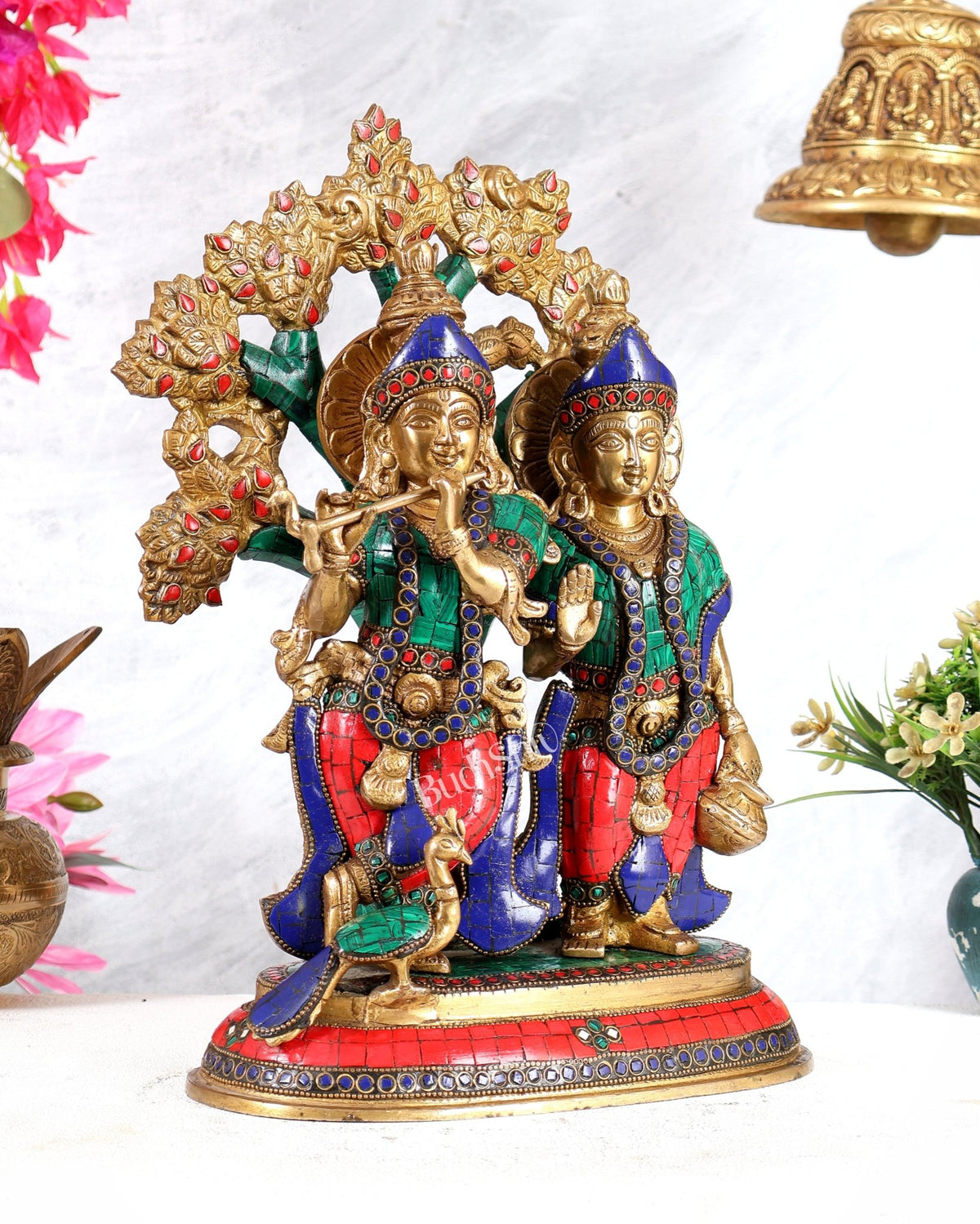 Elegant Brass Radha Krishna Idols with Kalpavriksha Tree & Peacock - 14" Meenakari Stonework - Budhshiv.com