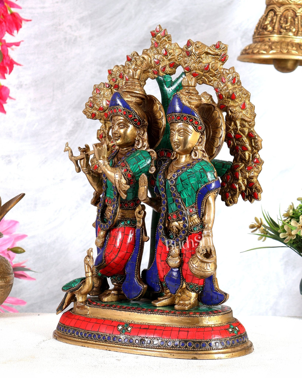 Elegant Brass Radha Krishna Idols with Kalpavriksha Tree & Peacock - 14" Meenakari Stonework - Budhshiv.com