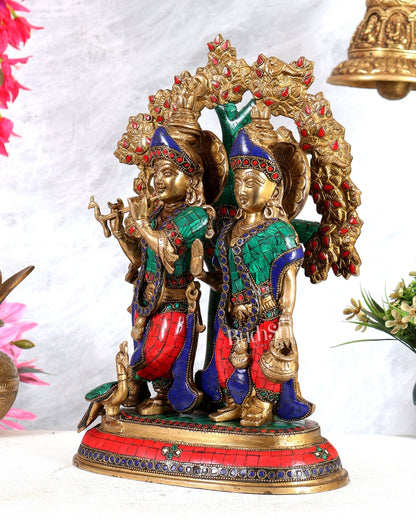 Elegant Brass Radha Krishna Idols with Kalpavriksha Tree & Peacock - 14" Meenakari Stonework - Budhshiv.com