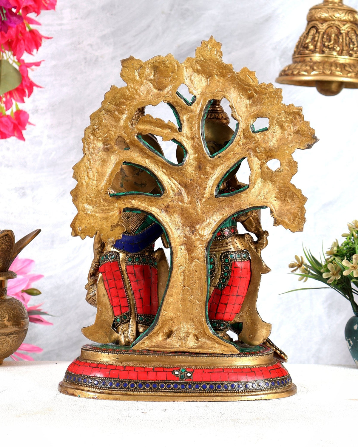 Elegant Brass Radha Krishna Idols with Kalpavriksha Tree & Peacock - 14" Meenakari Stonework - Budhshiv.com
