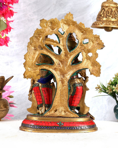 Elegant Brass Radha Krishna Idols with Kalpavriksha Tree & Peacock - 14" Meenakari Stonework - Budhshiv.com