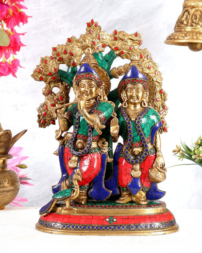 Elegant Brass Radha Krishna Idols with Kalpavriksha Tree & Peacock - 14" Meenakari Stonework - Budhshiv.com