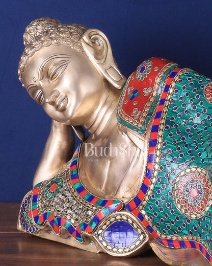 Elegant Brass Resting Buddha Statue – multi colour stonework 29" - Budhshiv.com