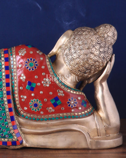 Elegant Brass Resting Buddha Statue – multi colour stonework 29" - Budhshiv.com