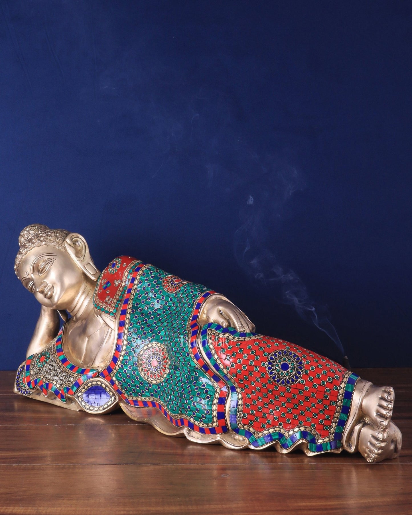 Elegant Brass Resting Buddha Statue – multi colour stonework 29" - Budhshiv.com