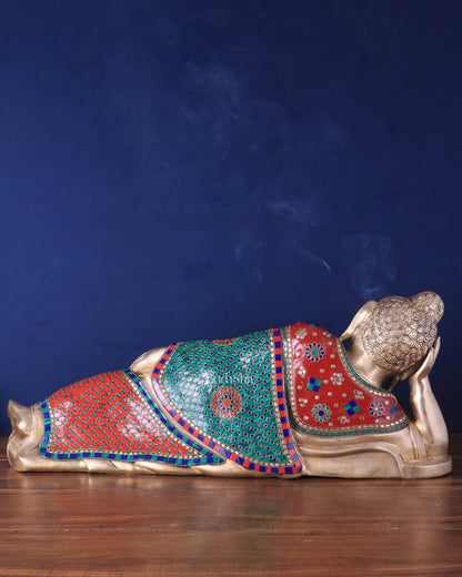 Elegant Brass Resting Buddha Statue – multi colour stonework 29" - Budhshiv.com