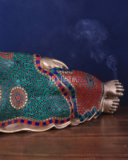 Elegant Brass Resting Buddha Statue – multi colour stonework 29" - Budhshiv.com