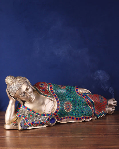 Elegant Brass Resting Buddha Statue – multi colour stonework 29" - Budhshiv.com