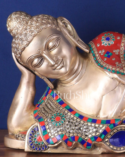 Elegant Brass Resting Buddha Statue – multi colour stonework 29" - Budhshiv.com