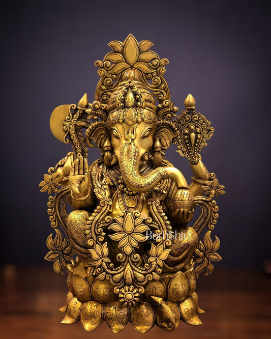 Elegant Brass Superfine Lord Ganesha Idol with Lotus - 23.5" - Budhshiv.com