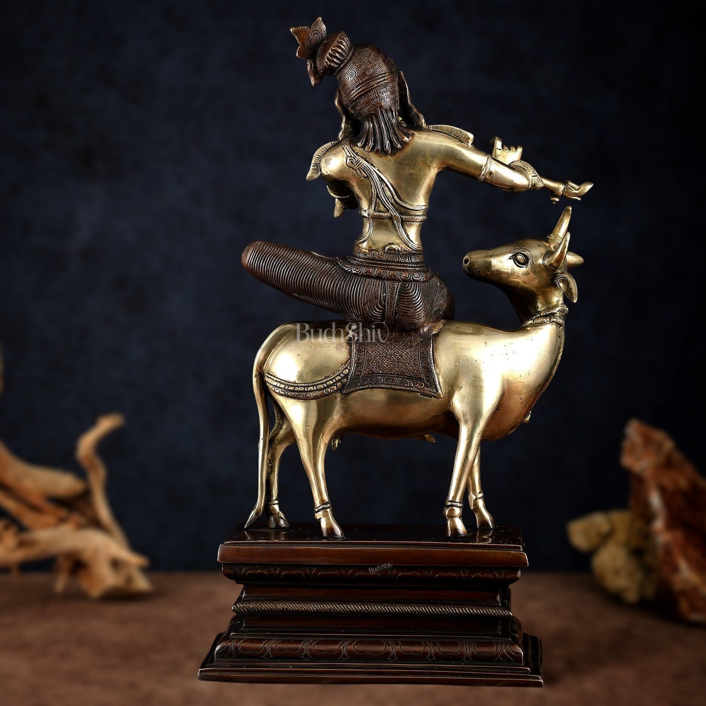 Elegant Lord Krishna Seated on Cow Statue Vintage Dual tone | 21" - Budhshiv.com