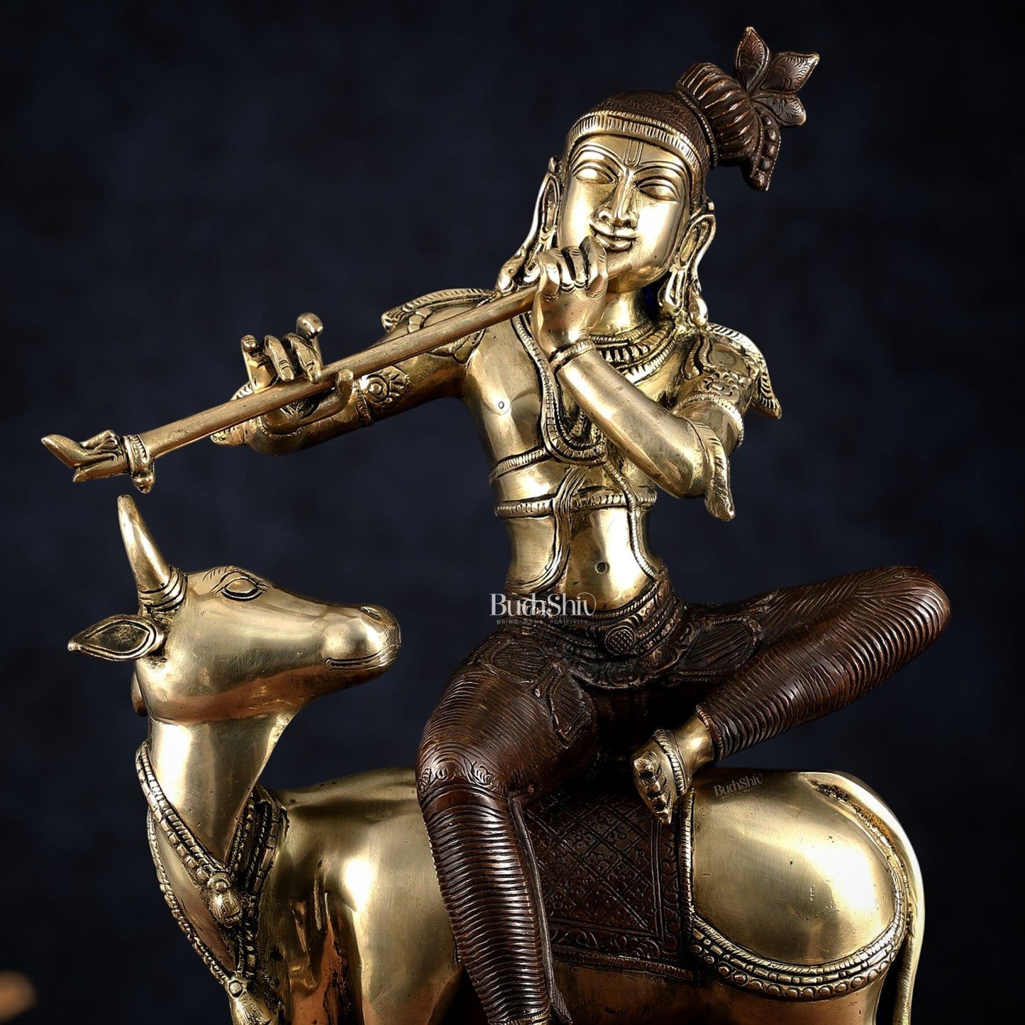 Elegant Lord Krishna Seated on Cow Statue Vintage Dual tone | 21" - Budhshiv.com