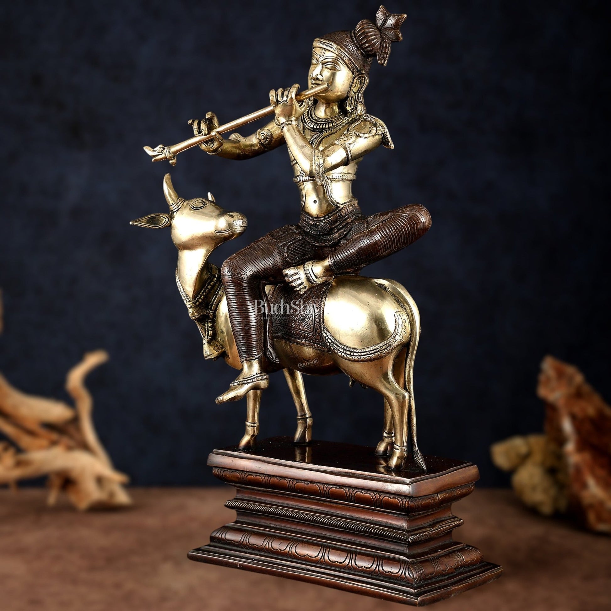 Elegant Lord Krishna Seated on Cow Statue Vintage Dual tone | 21" - Budhshiv.com