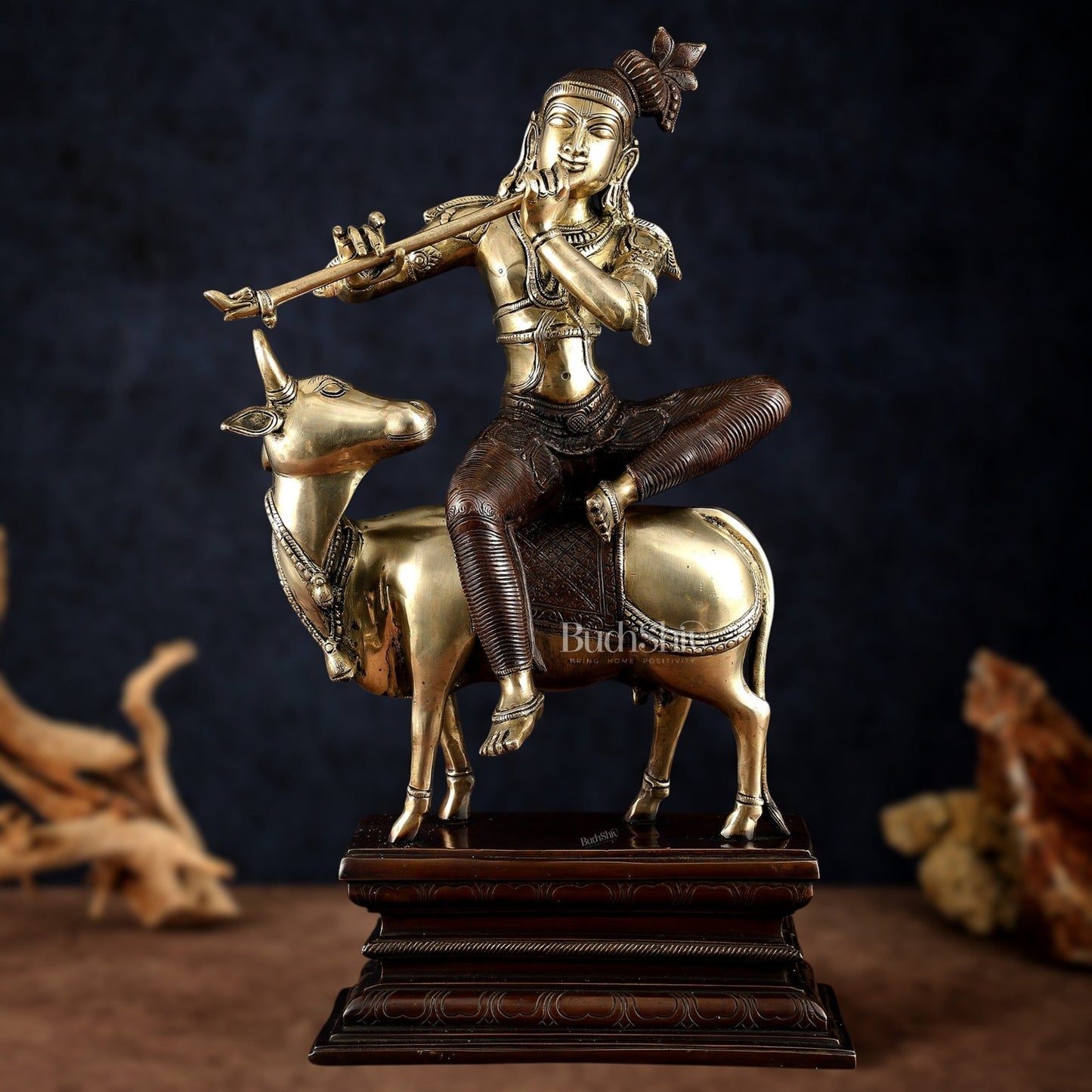 Elegant Lord Krishna Seated on Cow Statue Vintage Dual tone | 21" - Budhshiv.com