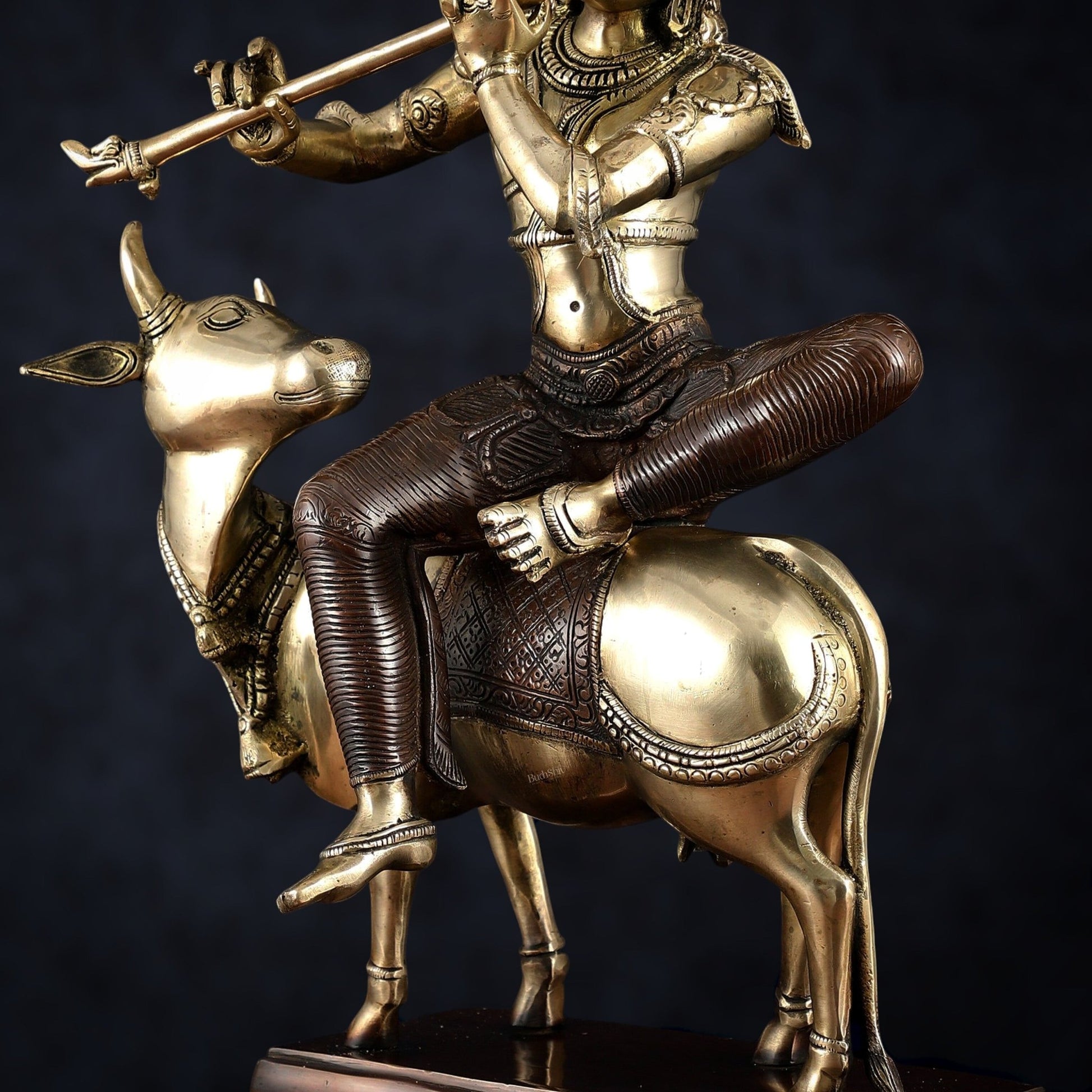 Elegant Lord Krishna Seated on Cow Statue Vintage Dual tone | 21" - Budhshiv.com