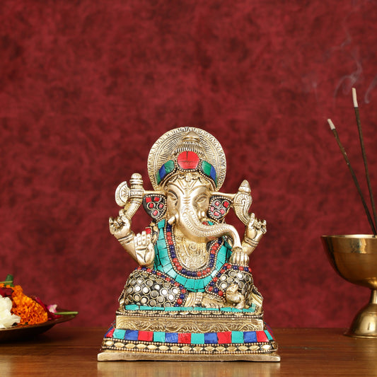 Elegant Pure Brass Ganesha Idol with Stonework 7.5" - Budhshiv.com