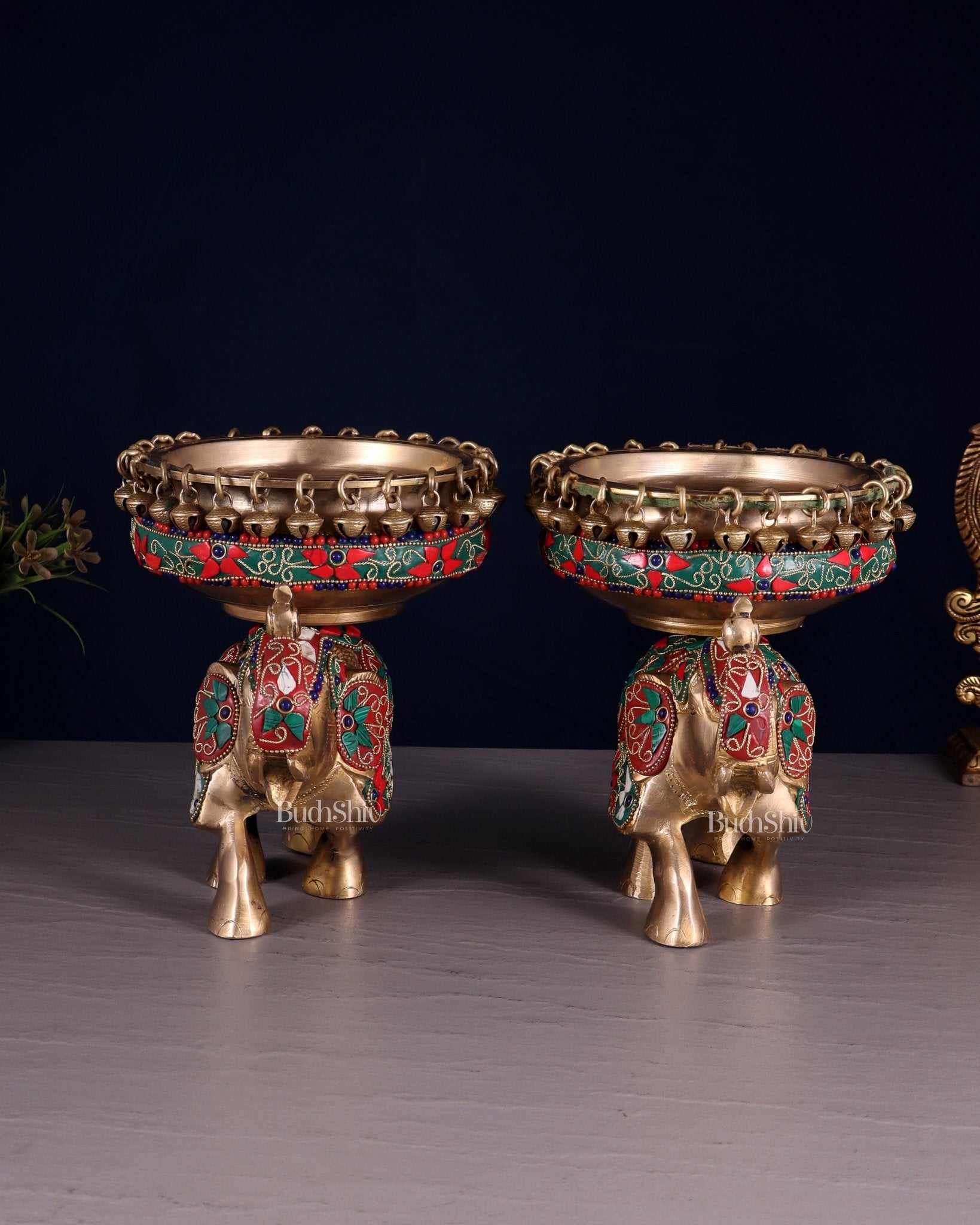Elephant brass urli pair with floral stonework 7" - Budhshiv.com
