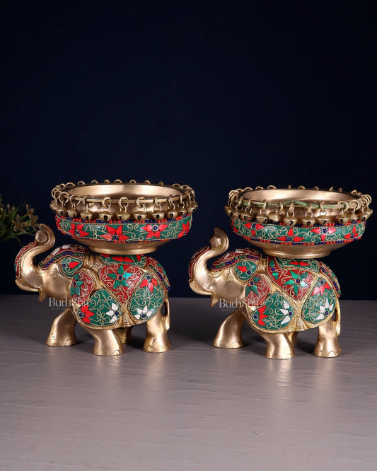 Elephant brass urli pair with floral stonework 7" - Budhshiv.com