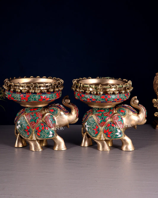 Elephant brass urli pair with floral stonework 7" - Budhshiv.com