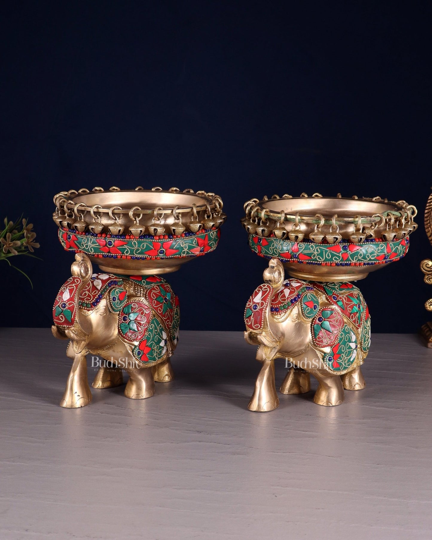 Elephant brass urli pair with floral stonework 7" - Budhshiv.com