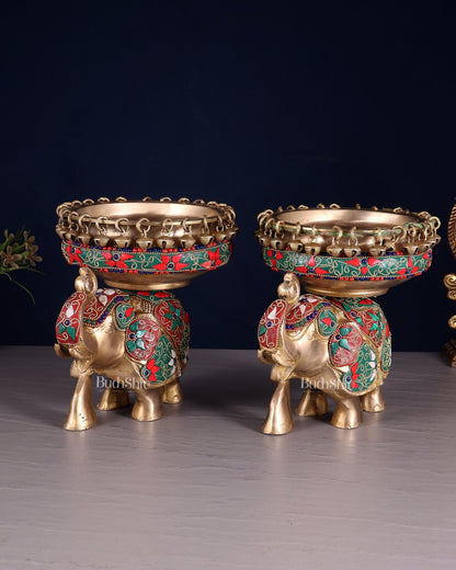 Elephant brass urli pair with floral stonework 7" - Budhshiv.com